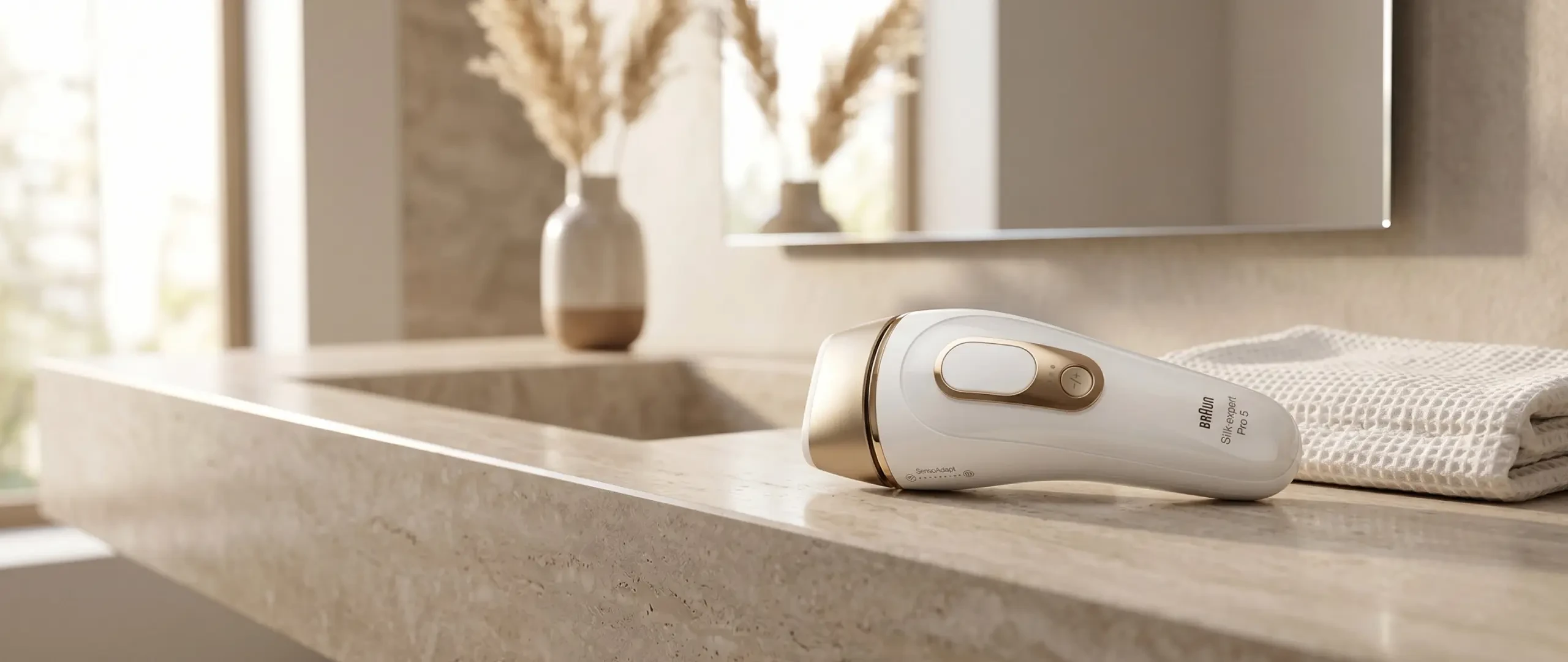 Braun Silk Expert Pro 5 IPL-Gerät griffbereit auf einer Marmorablage im hellen Badezimmer