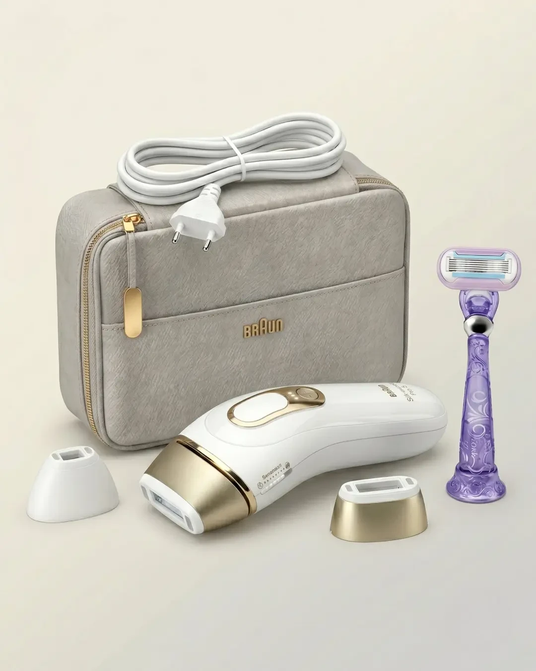 Lieferumfang des Braun Silk Expert Pro 5 mit Aufbewahrungstasche, Präzisionsaufsatz und Venus-Rasierer