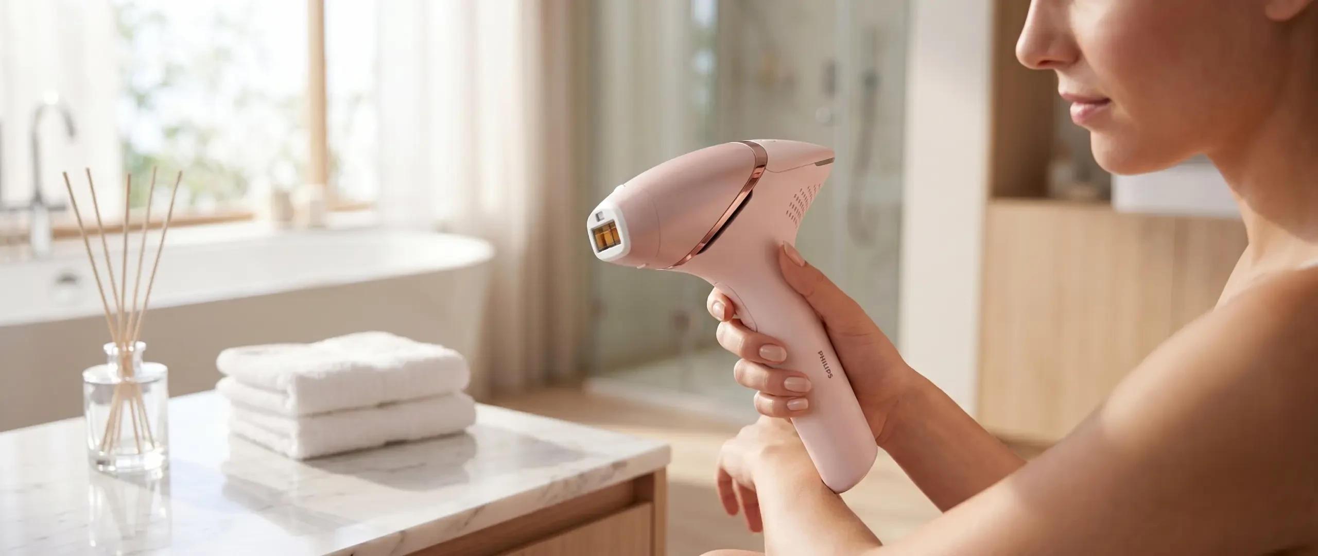 Frau hält die Philips Lumea 9000 vor der Behandlung in einem hellen Badezimmer